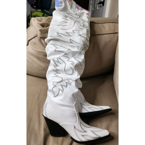 Size 5.5 Dolls Kill Pure Love Bandit Cowgirl Boots White Embroidered Iridescent - Picture 3 of 12